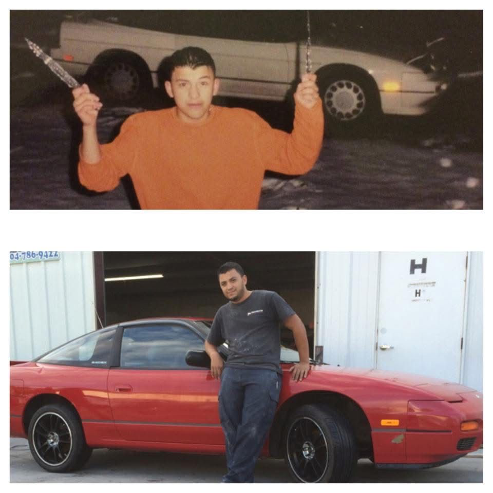 Walter when he was younger beside a white car, and later standing by a red car outside the shop